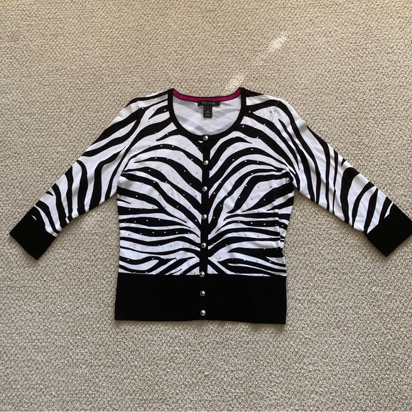 White House Black Market Zebra Print Cardigan Bejeweled Size Medium Stretch EUC - Picture 1 of 8